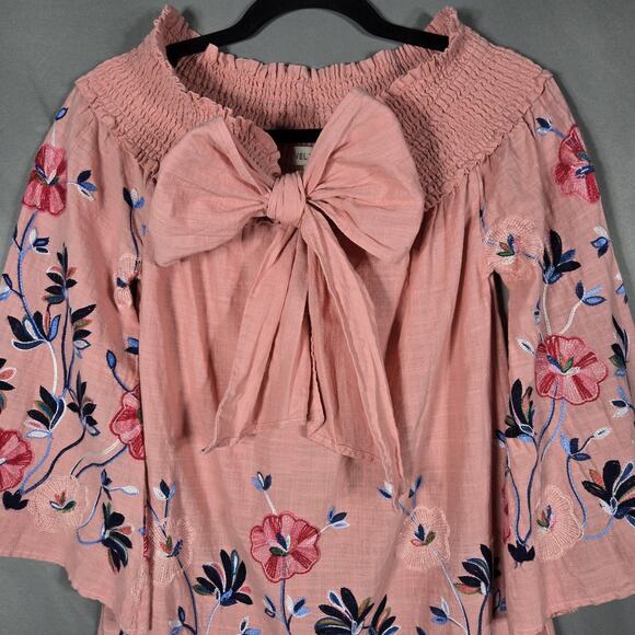 Velzera Embroidered Peasant Top Womens Small Pink Floral Smocked Bow Cotton - Picture 2 of 11